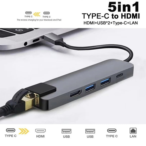 1PC [ 5 IN 1 ] TYPE-C to HDMI 4K / LAN RJ45 Ethernet / Type C / USB 3.0 Adapter Cable