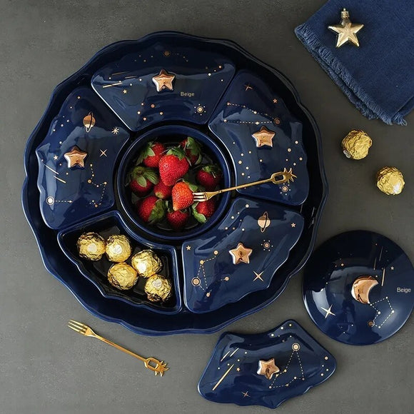 High-end European Ceramic Dried Fruit Plate Starry Sky Rotatable 6-grid Lid Snack Dessert Tray Trinket Dish Cute Ceramic Tray