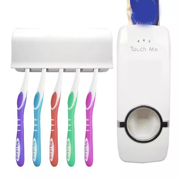 One Plastic Automatic Toothpaste Dispenser With Five Toothbrush Holder Bathroom