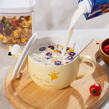 Large capacity mug with lid spoon cup cute household ceramic water cup milk oatmeal breakfast cup microwaveable fat cup