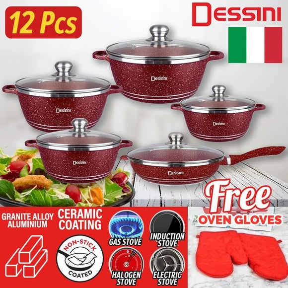 [ 12PCS ] DESSINI Ceramic Granite Alloy Non Stick Coating Kitchen Cooking Deep Fry Pan Pot Casserole Set / Set Periuk Memasak