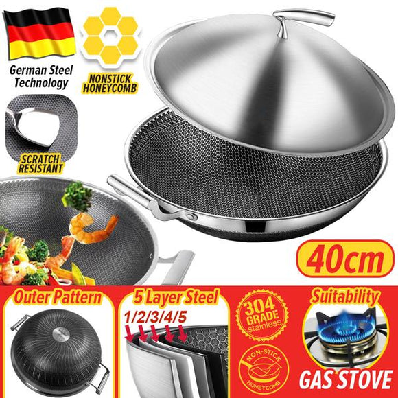 40CM Kitchen Honeycomb Non Stick Cooking Frying Wok SUS304 Stainless Steel with Lid Cover