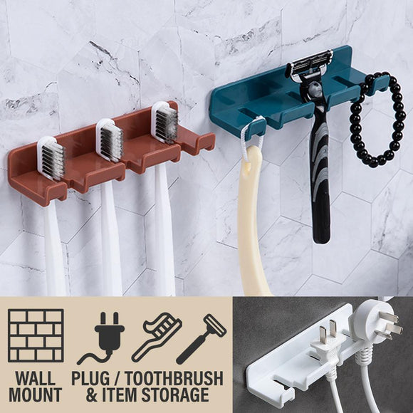 Wall Mounted Multifunction Plug and Toothbrush Hanging Hook Holder [ 1pc ]