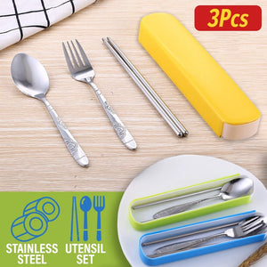 [ 3PCS ] Spoon Fork & Chopsticks Kitchen Eating Utensil Tableware Set + Storage Box