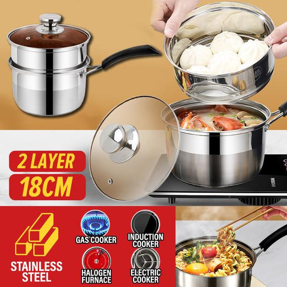 [ 2 LAYER ] 18CM Stainless Steel Milk Pot + Steamer layer Cooker
