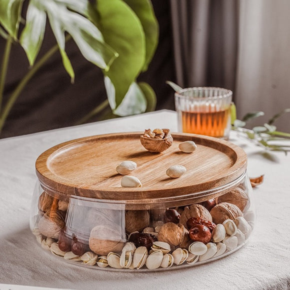 【 2350ml / 1000ml 】Fruit Tray Double Glass Jar Dried Fruit Nut Tray Wooden Candy Storage tank Kitchen Tool Fruit Tray