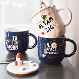400ml rocket starry sky cup large capacity creative cup cartoon children's cup milk coffee cup water cup 【Cup + stainless steel spoon + straw】