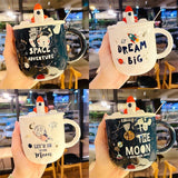 400ml rocket starry sky cup large capacity creative cup cartoon children's cup milk coffee cup water cup 【Cup + stainless steel spoon + straw】