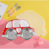 Children's car dinner plate separate cartoon stainless steel dinner plate household anti-fall cute tableware 【bowl + fork + spoon】
