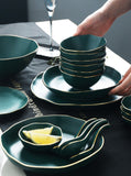 Retro green ceramic phnom penh tableware rice bowl soup bowl spoon dish dish fish dish irregular shaped bowl dish(4 people)