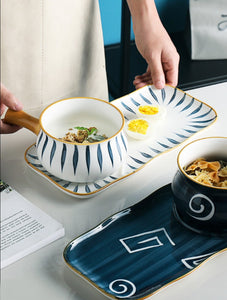 Japanese-style hand-painted ceramic dish set personality rectangular breakfast plate with handle handle bowl one person food（Handle bowl + plate）