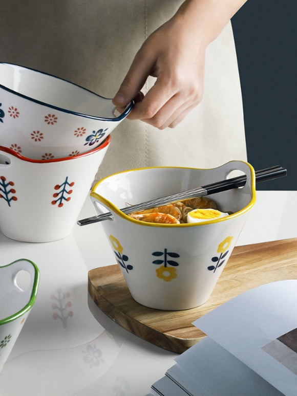 Creative ceramic chopsticks bowl, home-made underglaze bi-ear instant noodle bowl, fruit salad bowl