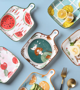 ins cute cartoon dinner plate household ceramic baking tray Nordic fruit tray dish creative handle baking tray