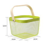 Mesh Steel Storage Basket with Portable Wood Handle Kitchen Fruit Vegetables Container Bathroom Pantry Cabinets Organizer