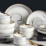 Golden edge marble two/four/six people ceramic plate set soup noodles bowl western plate tableware gift box(4 person)