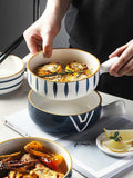 Japanese hand-painted& handle bowl & creative baking bowl & ceramic fruit salad bowl & microwave oven baked rice bowl