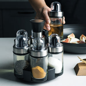 Glass seasoning bottle set can rotate kitchen soy sauce vinegar bottle with perforated cover small oil pot seasoning bottle 6 bottles
