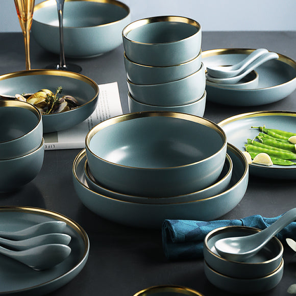 Golden edge green blue household tableware set of ceramic dishes dishes dishes dishes soup noodles bowls western steak dishes
