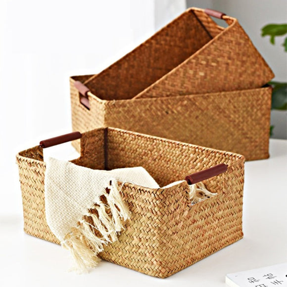 Woven Storage Basket with Lid Storage Box Wicker Basket Handmade Sorting Boxes Seagrass Clothing Fruit Sundries Jewelry
