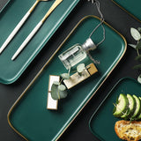 Malachite green ceramic plate plate long square fish plate family dishes creative placement plate American gilt steak plate set of 2,(Rectangular+Square)
