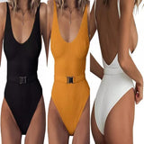 Women's belt one-piece swimsuit beach solid color simple