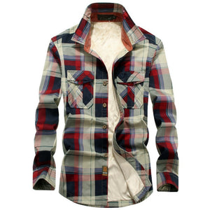 Autumn Winter Flannel Plaid Warm Shirts Men Casual Long-Sleeve Pure Cotton Fleece Liner Shirts Military Camisa Social Masculina