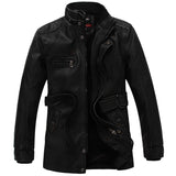 Long Motorcycle Leather Jacket Men Winter Thick Warm Fleece Coats Casual Stand Collar Outwear Plus Size 6XL Faux PU Leather Coat